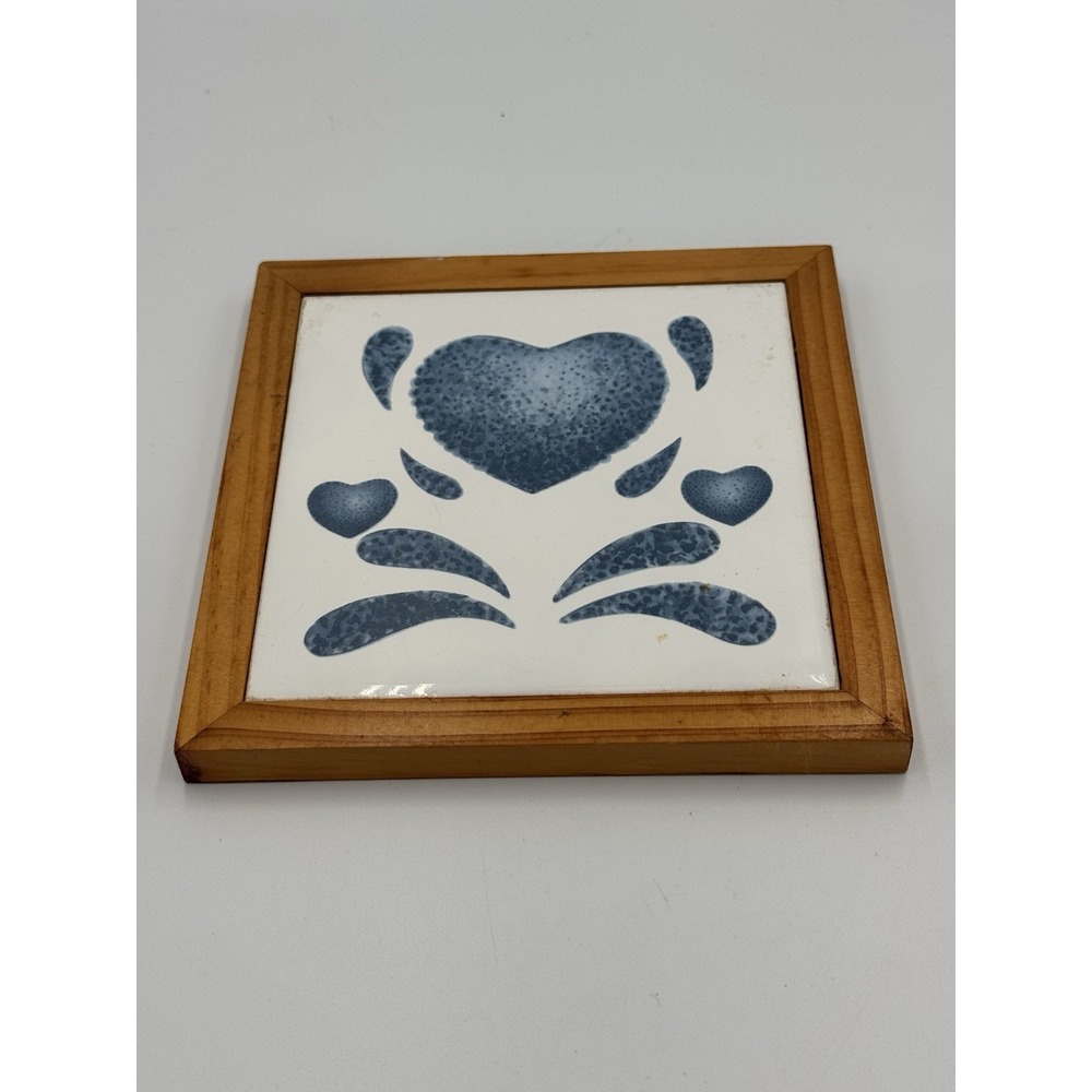 Vintage Corelle By Corning Wood Framed Trivet Blue Hearts 7" Tile Art Spongeware